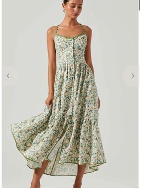 Astr green floral maxi dress with cream and peach accents